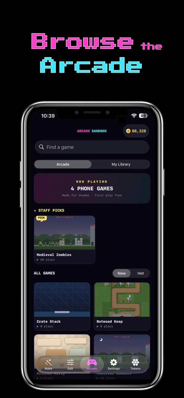 Browse the Arcade: a staff pick and a grid of phone games made by other people.