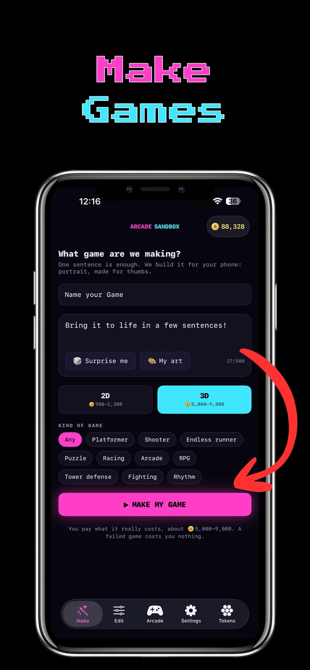 Make Games: describe a game, pick 2D or 3D and a kind, then tap Make My Game.