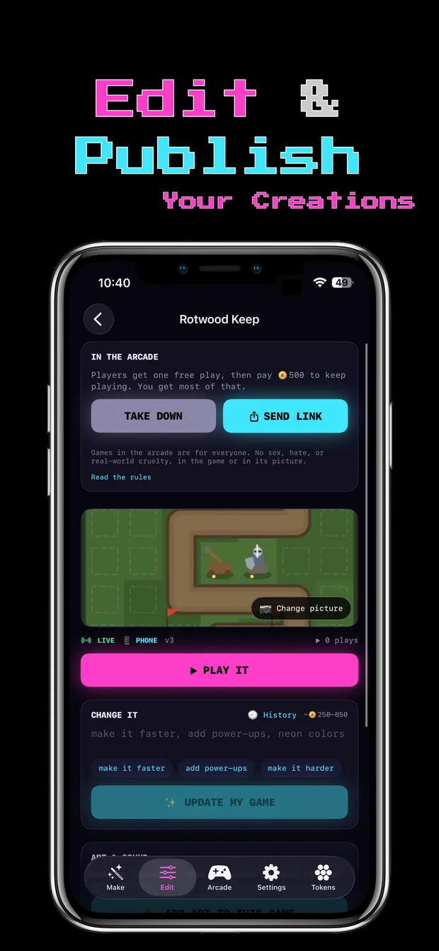 Edit and publish: a live game with Take Down and Send Link, and a box to change it in words.