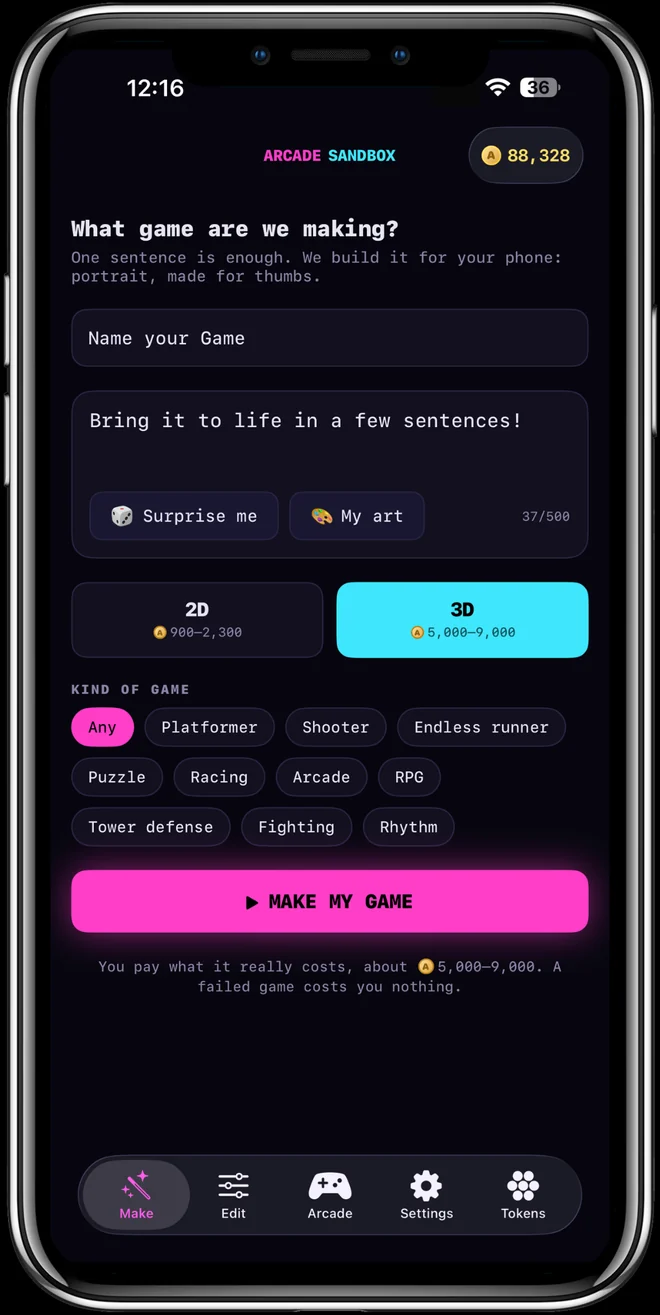 Arcade Sandbox on an iPhone: a box to name your game, a box to describe it, 2D and 3D options, a list of game kinds, and a Make My Game button.